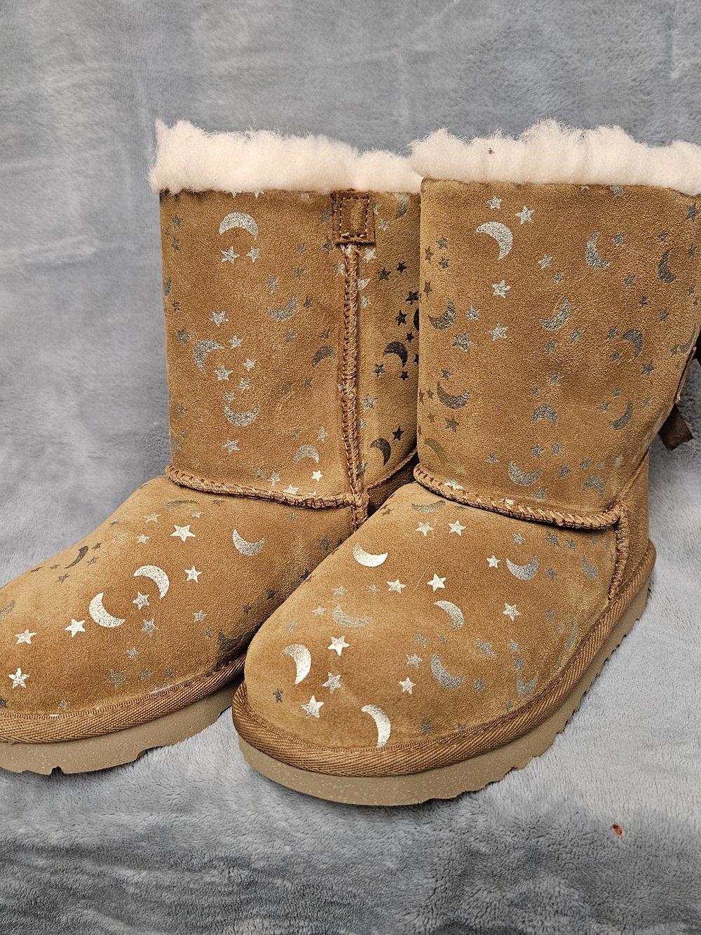 UGG Kids Chestnut Suede Boots with Silver Moon & Star Accents